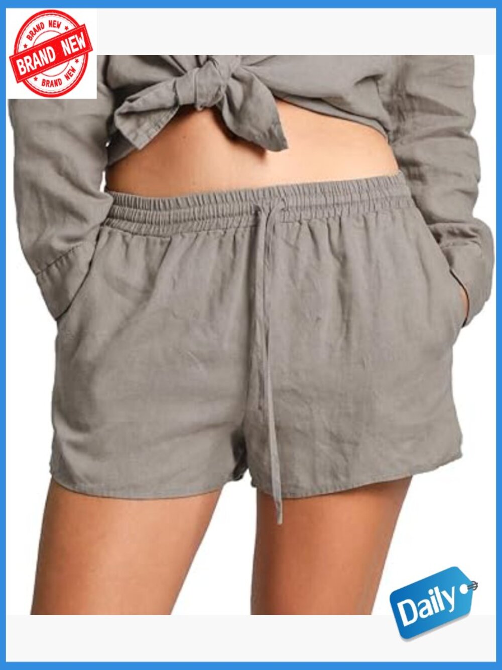 100% Linen Casual Drawstring Shorts With Pockets